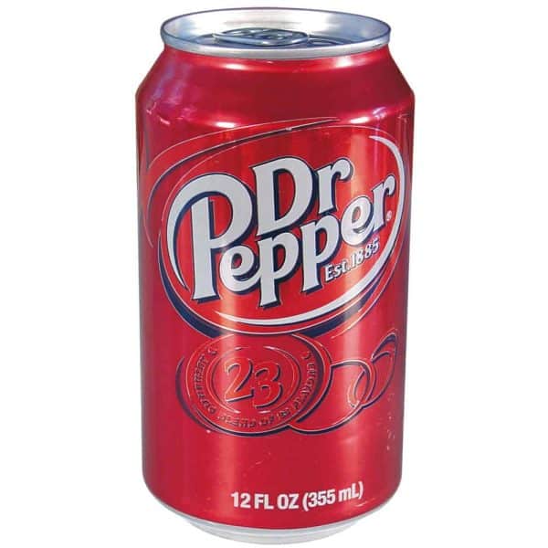 Red Dr Pepper soda can, 12 fl oz, featuring classic logo and iconic design.