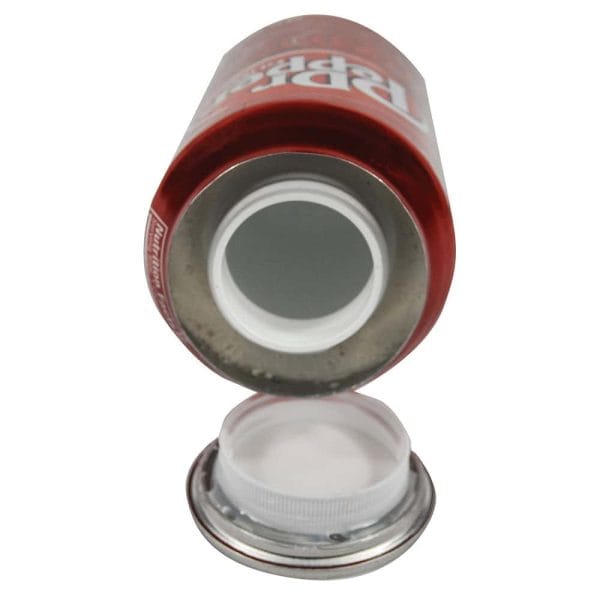Hidden stash container disguised as a soda can with removable lid for discreet storage.