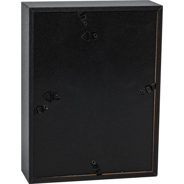 Back view of a black picture frame with metal hangers and clips for wall mounting, ideal for home decor or office displays.
