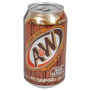 A&W Root Beer can with aged vanilla flavor since 1919, featuring a soda can design with wooden texture.