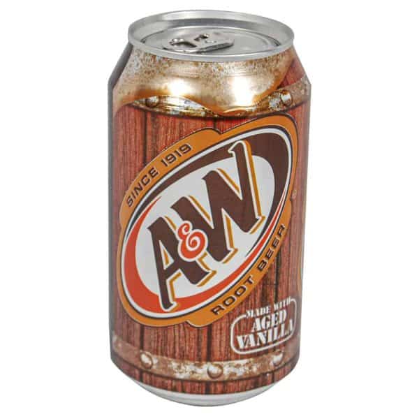A&W Root Beer can with aged vanilla flavor since 1919, featuring a soda can design with wooden texture.