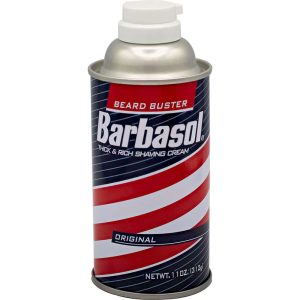 Barbasol Original Shaving Cream Can with red, white, and blue design, labeled Beard Buster, 11 oz.