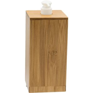Bamboo soap dispenser with white pump, eco-friendly bathroom accessory for sustainable living.