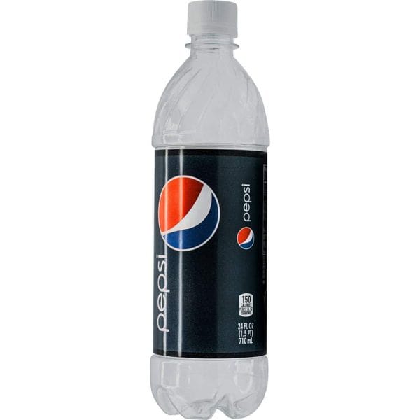 Clear bottle of Pepsi soda with red, white, and blue logo, 24 fl oz size, black label, on white background.