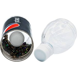 Secret compartment disguised as a soda bottle, showing hidden compartment filled with colorful beads.