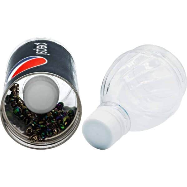 Secret compartment disguised as a soda bottle, showing hidden compartment filled with colorful beads.