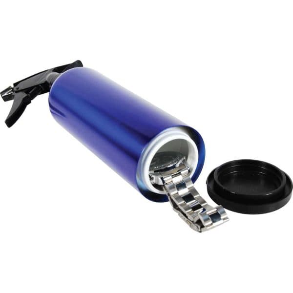 Blue spray bottle with hidden storage compartment revealing a wristwatch and removable lid.