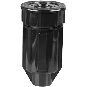 Black pop-up sprinkler head for efficient irrigation systems.