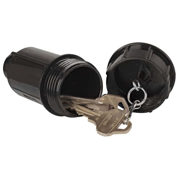 Black key hider with two keys on a chain, ideal for secure outdoor storage and easy key access.