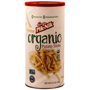 Pik-Nik Organic Potato Sticks canister, gluten-free and non-GMO, with 0 trans fat and preservatives.