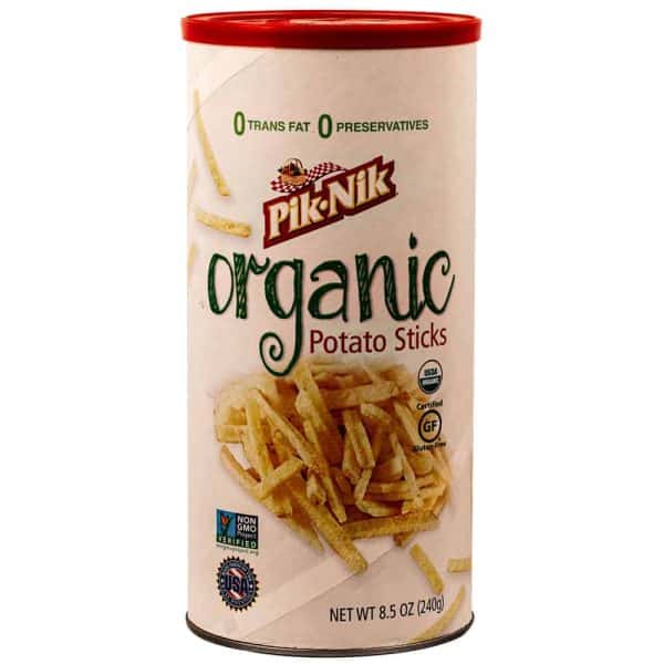 Pik-Nik Organic Potato Sticks canister, gluten-free and non-GMO, with 0 trans fat and preservatives.