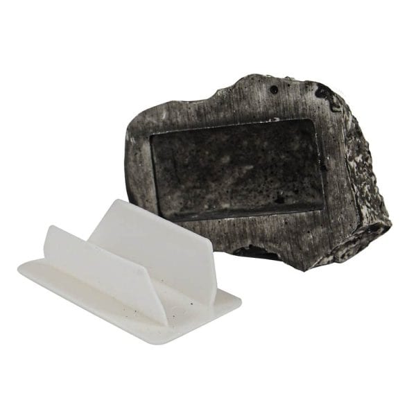 Decorative wood pen holder with slate accent and white plastic insert, perfect for desk organization.
