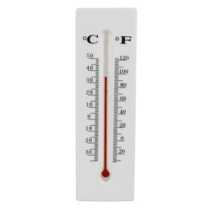 Analog thermometer displaying Celsius and Fahrenheit scales on a white background.