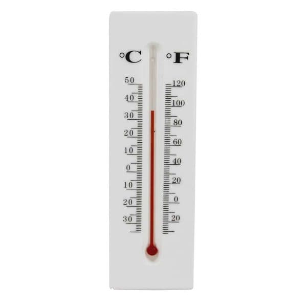 Analog thermometer displaying Celsius and Fahrenheit scales on a white background.