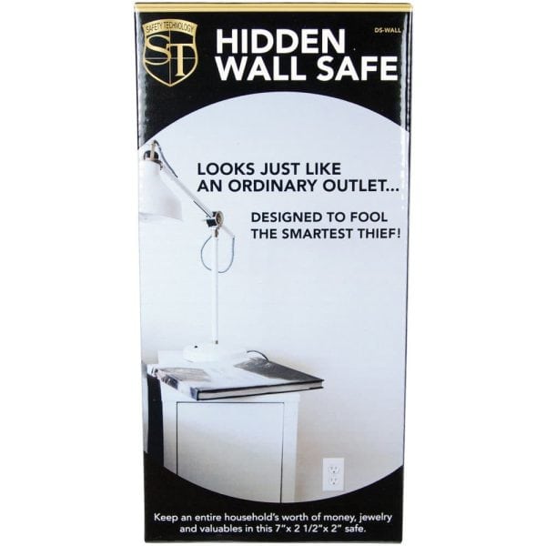 Hidden wall safe disguised as an outlet, ideal for securing valuables discreetly. Perfect for home security.