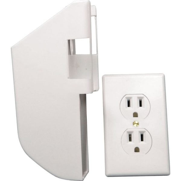 White electrical outlet cover with a dual plug socket on white background.