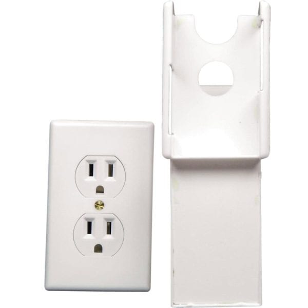White electrical outlet with safety cover, designed for child-proofing and protection against accidental contact.