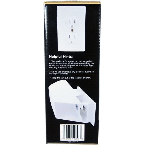 Box for a wall safe disguised as an electrical outlet. Instructions and barcode visible.