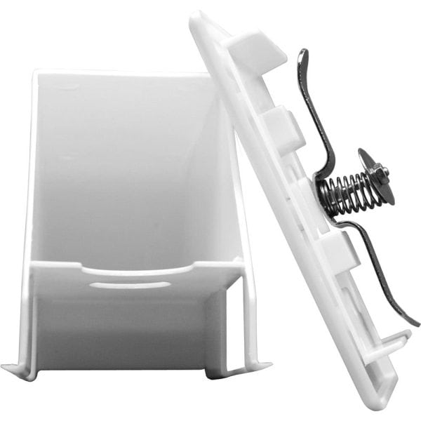White air diffuser with spring-loaded metal clip for ceiling installation, showing side view of vent and clip mechanism.