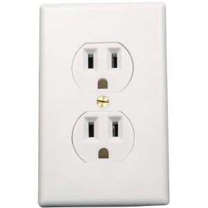 White wall electrical outlet with two sockets, close-up view.
