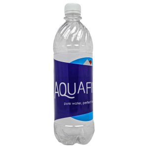 Plastic bottle of Aquafina water with a blue label, standing upright on a white background.
