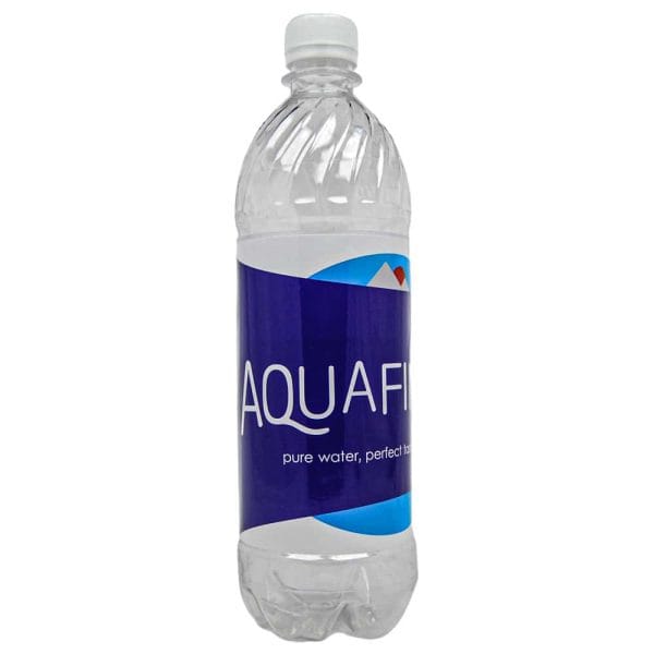 Plastic bottle of Aquafina water with a blue label, standing upright on a white background.