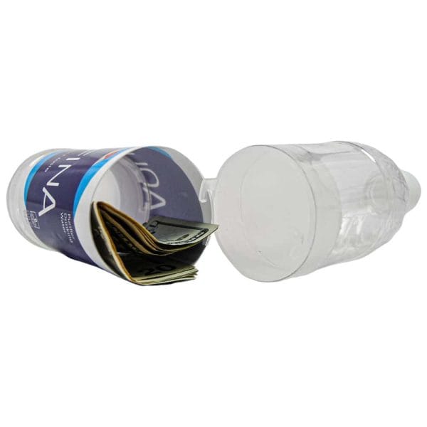Hidden stash in water bottle conceals folded cash, ideal for discreet storage and travel security.