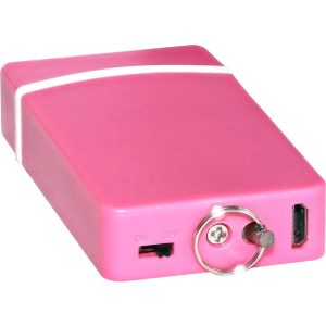 Pink portable battery charger with USB port and on/off switch, designed for convenient mobile device charging.