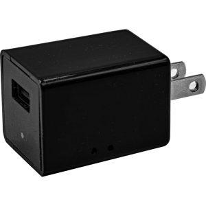Black USB wall charger plug with metal prongs, designed for charging electronic devices efficiently.