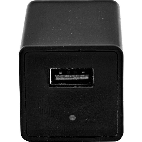 Black USB wall charger with a front-facing USB port, ideal for efficient device charging.
