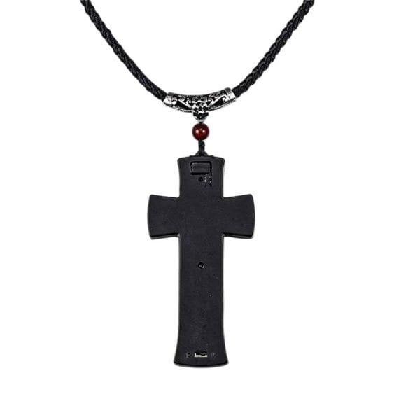Black cross-shaped USB necklace with detailed cord and decorative bead. Fashionable tech accessory.