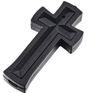 Black cross-shaped spy camera hidden in a discreet design, ideal for covert surveillance and security.