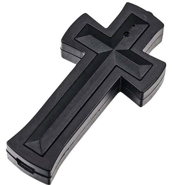 Black cross-shaped spy camera hidden in a discreet design, ideal for covert surveillance and security.