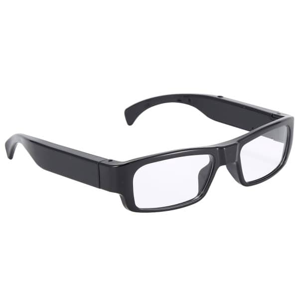 Black rectangular smart glasses with clear lenses on a white background.