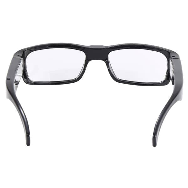 Rear view of black rectangular eyeglasses with clear lenses on a white background.