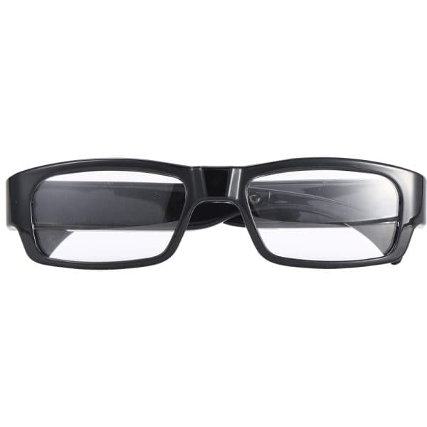 Rectangular black reading glasses with clear lenses, front view, isolated on white background.