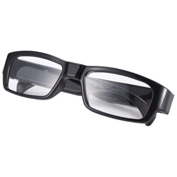 Black rectangular eyeglasses with glossy frame, isolated on a white background.
