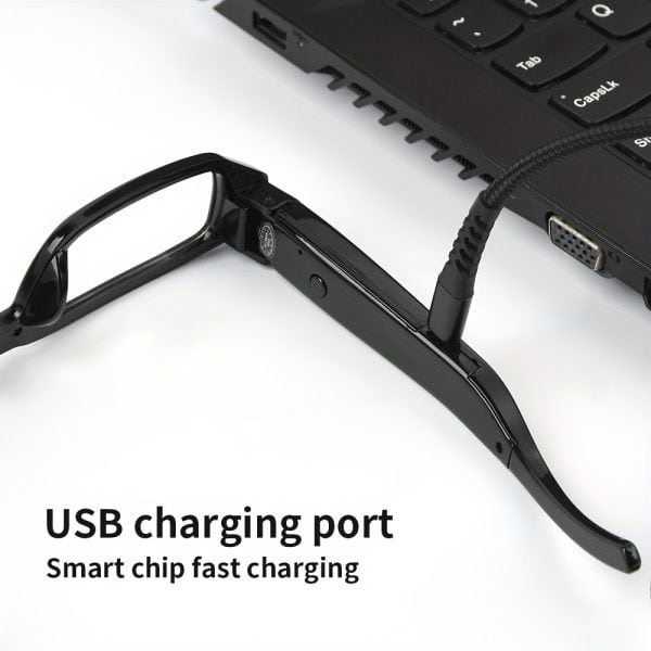 Glasses with USB charging port connected to laptop, featuring smart chip for fast charging.