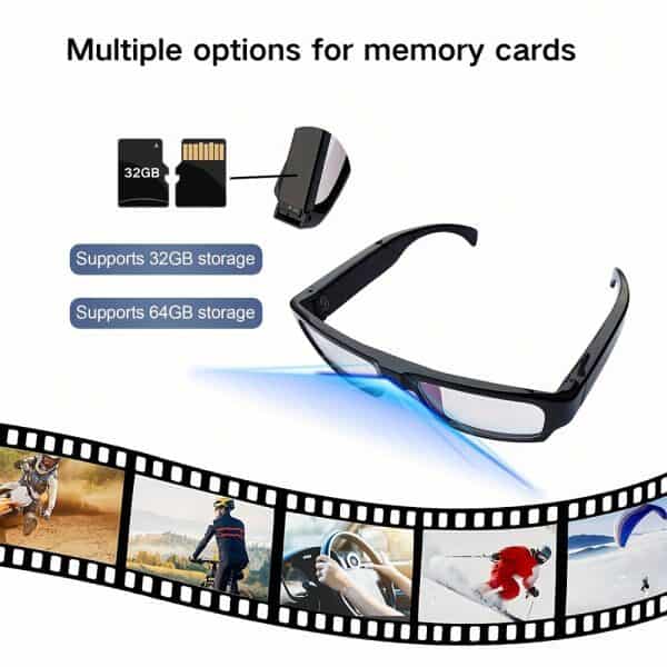 Smart glasses with memory card slots, supporting 32GB and 64GB storage, ideal for capturing outdoor activities.