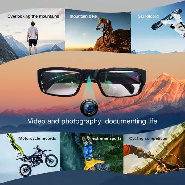 Smart glasses capturing outdoor adventures: mountain biking, skiing, and extreme sports.