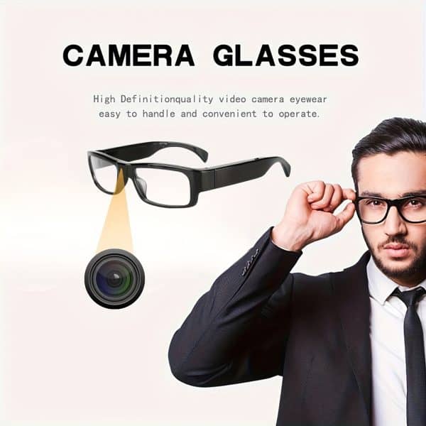 Smart camera glasses for video recording, stylish design, worn by a man in a suit. Ideal for discreet filming.