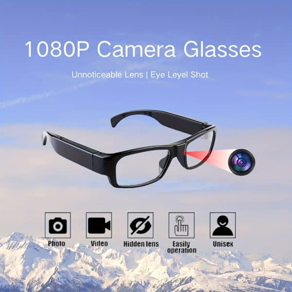 Unisex 1080P camera glasses with hidden lens, easy operation for eye-level shots over snowy mountains.