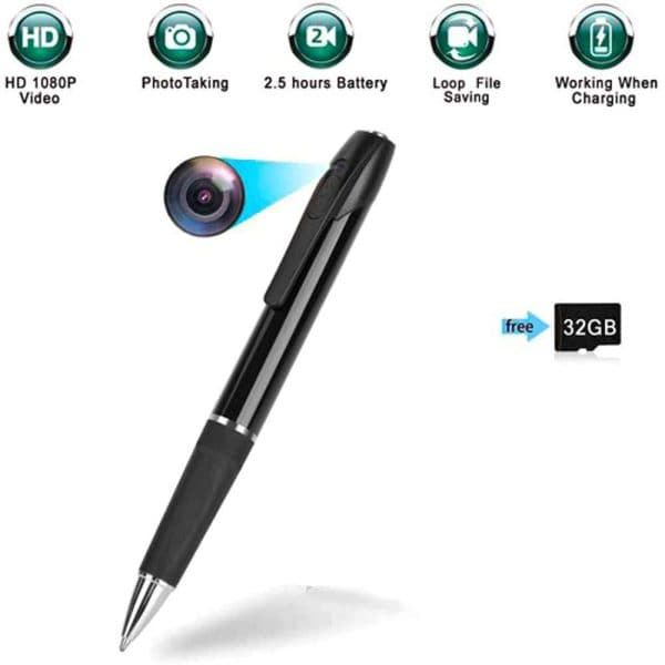 Spy pen camera with HD 1080P video, 2.5-hour battery, photo-taking, and free 32GB SD card for secure recording.