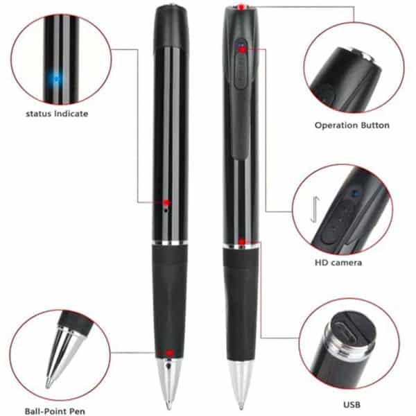 Ballpoint pen with hidden HD camera, USB port, operation button, and status indicator for discreet recording.