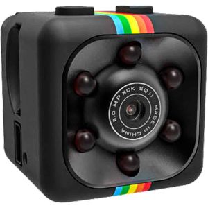 Compact black mini camera with rainbow stripes, features 2.0 MP lens and infrared lights for night vision recording.