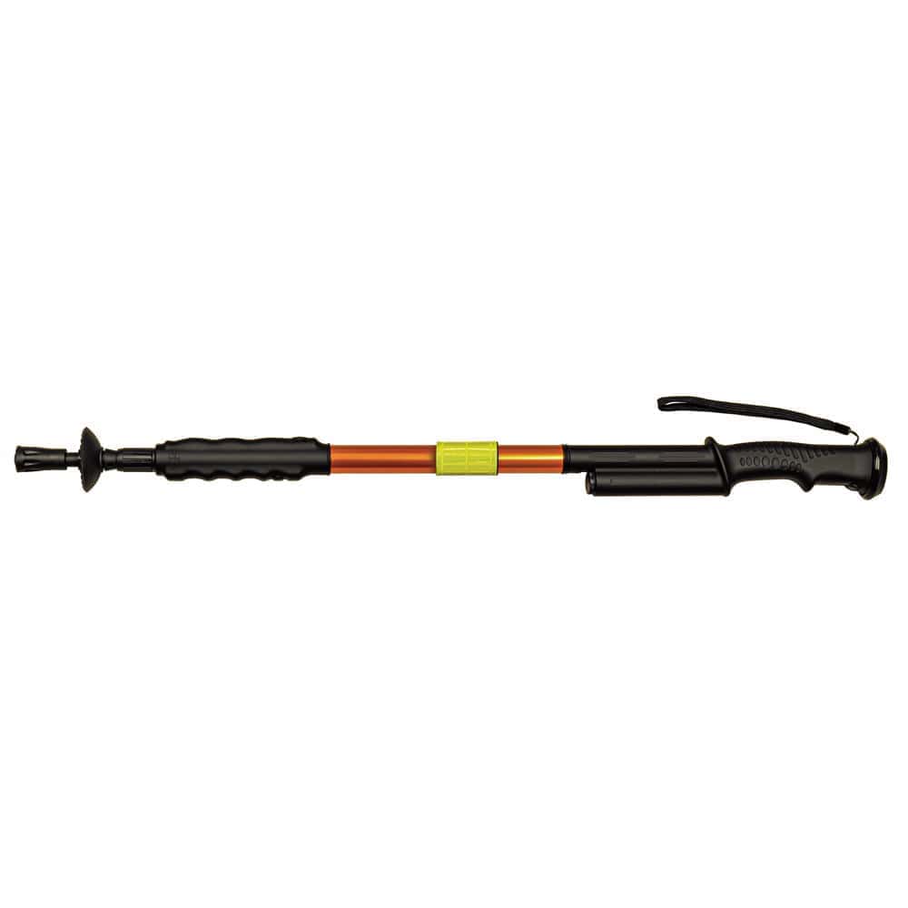 Adjustable trekking pole with orange and black design, featuring ergonomic grip and wrist strap for hiking comfort.