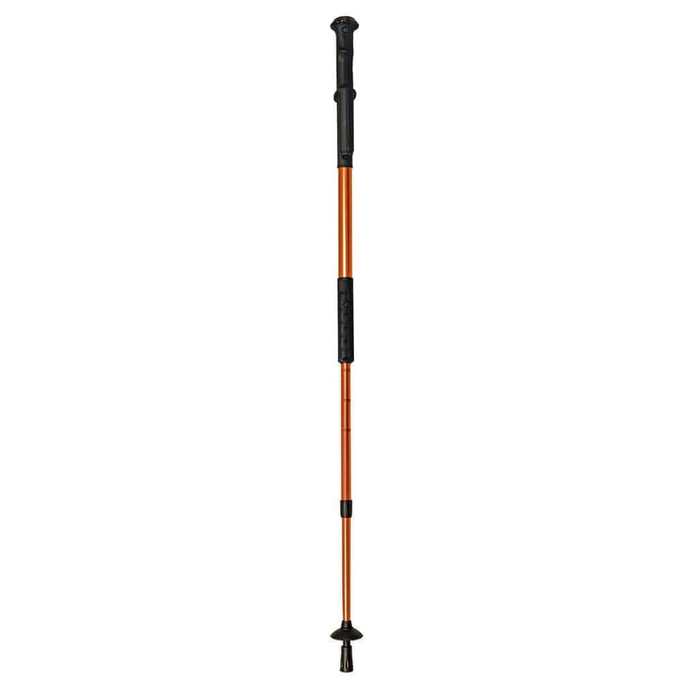 Orange trekking pole with black grip and adjustable sections on white background.