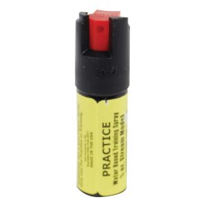 Yellow practice pepper spray canister with red nozzle for training and self-defense preparation.