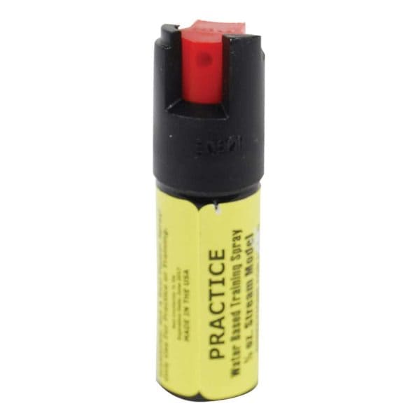 Yellow practice pepper spray canister with red nozzle for training and self-defense preparation.