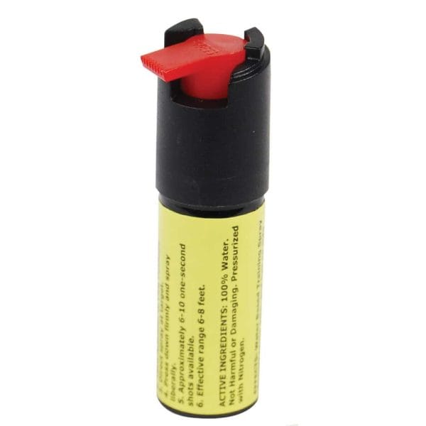 Small yellow canister with red spray nozzle, used for self-defense purposes.